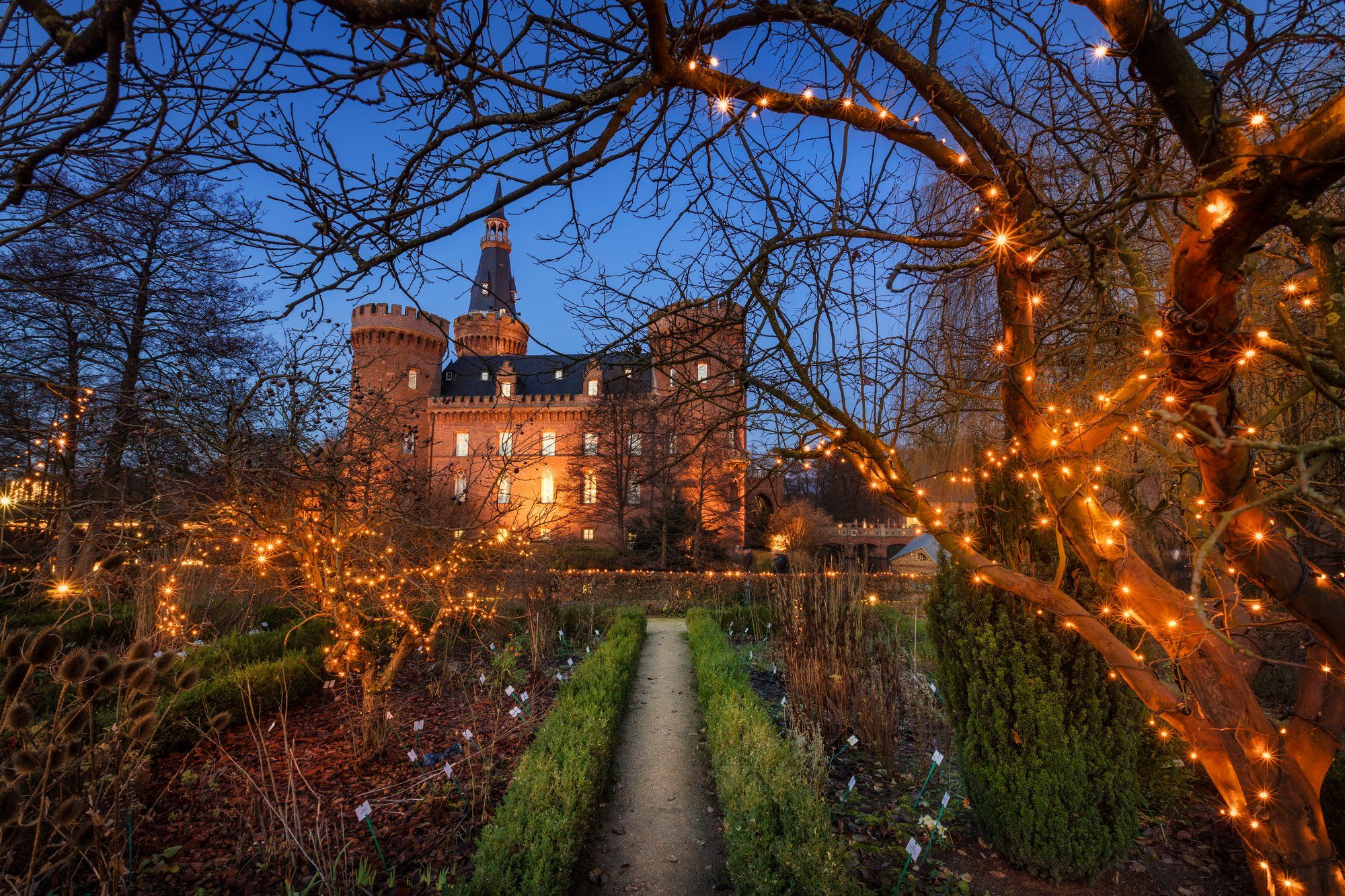 Schloss Moyland in der Abenddämmerung, umgeben von festlicher Weihnachtsbeleuchtung. Ein beleuchteter Gartenweg führt zum Schloss.
