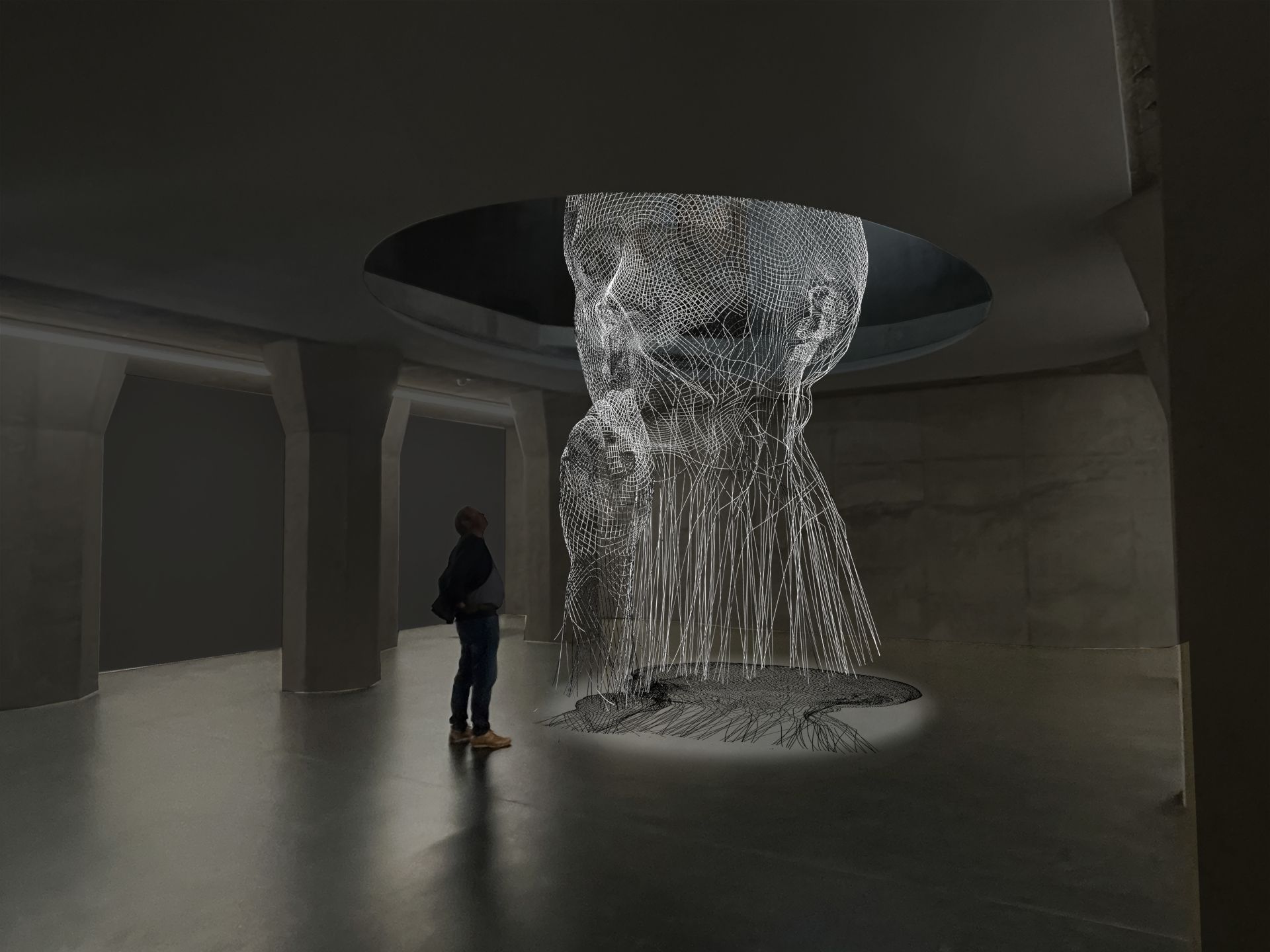Die rund sieben Meter hohe Installation "Invisible Anna" wirkt im Siloraum des Museums Küppersmühle fast schwerelos