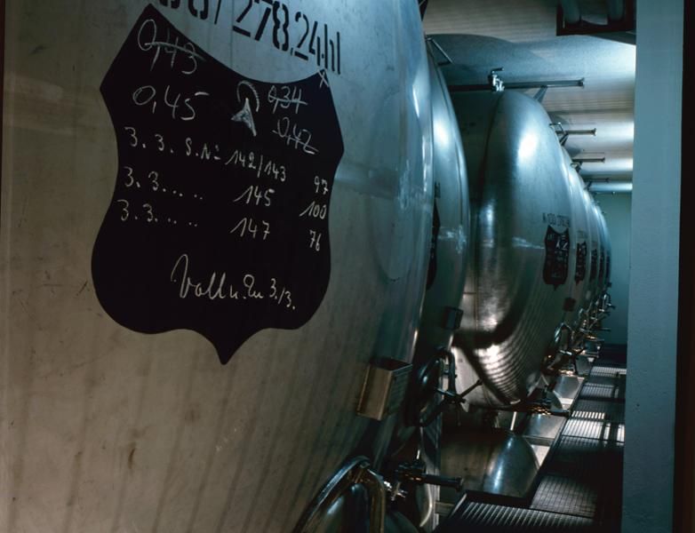 Gäste der Führung kommen auch an großen Gär- und Lagertanks vorbei