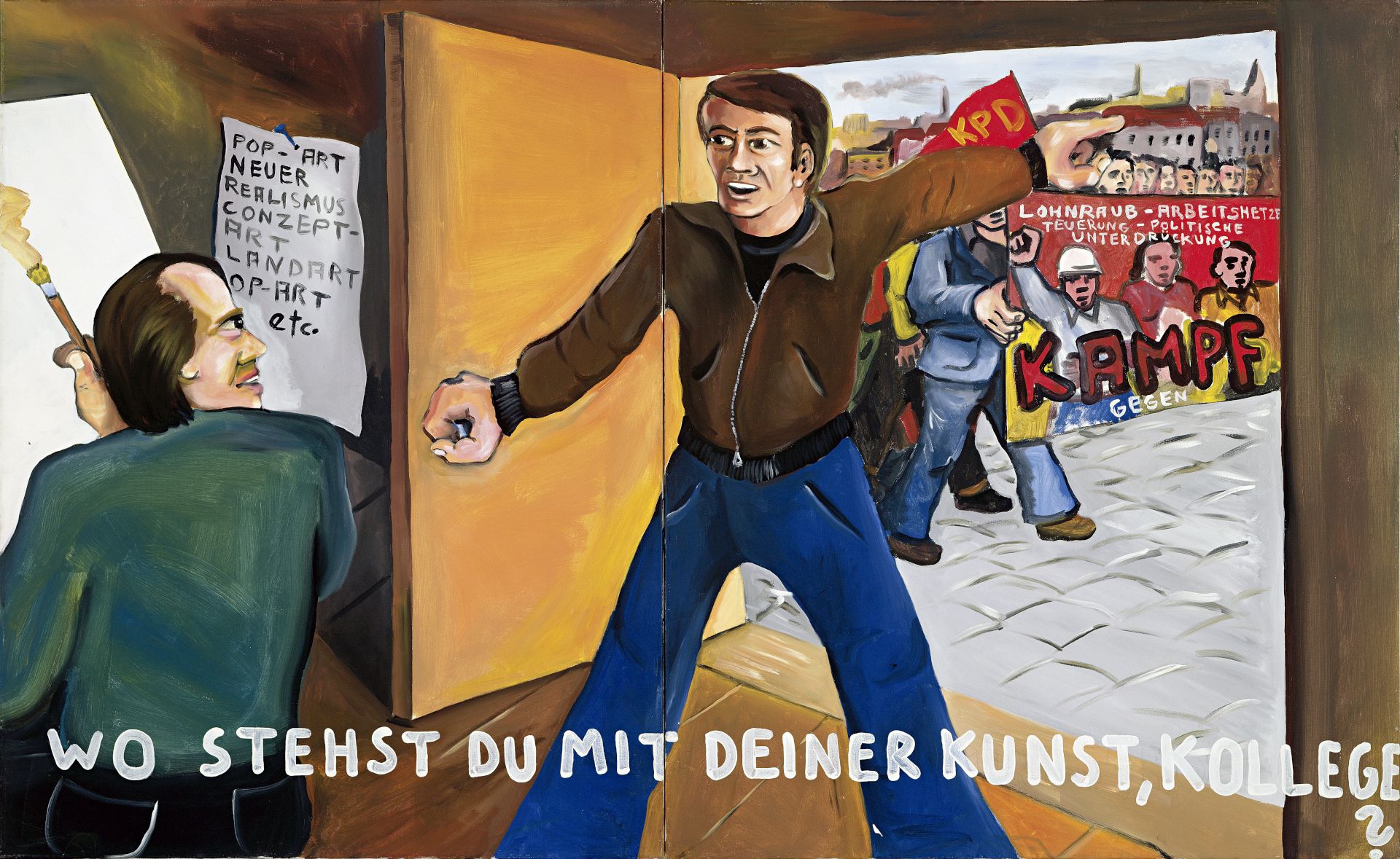 Jörg Immendorff, Wo stehst Du mit Deiner Kunst, Kollege?, 1973, Acryl auf Leinwand, 2-teilig, je 130 × 210 cm, Musée d’Art Moderne de la Ville de Paris, Foto: Farbanalyse