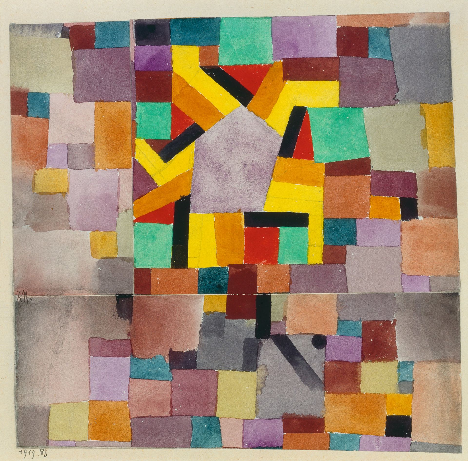 Paul Klee, Mit dem violetten Fünfeck (Ornamente aus farbigen Rechtecken), 1919, Aquarell, 21,5 x 22,5 cm