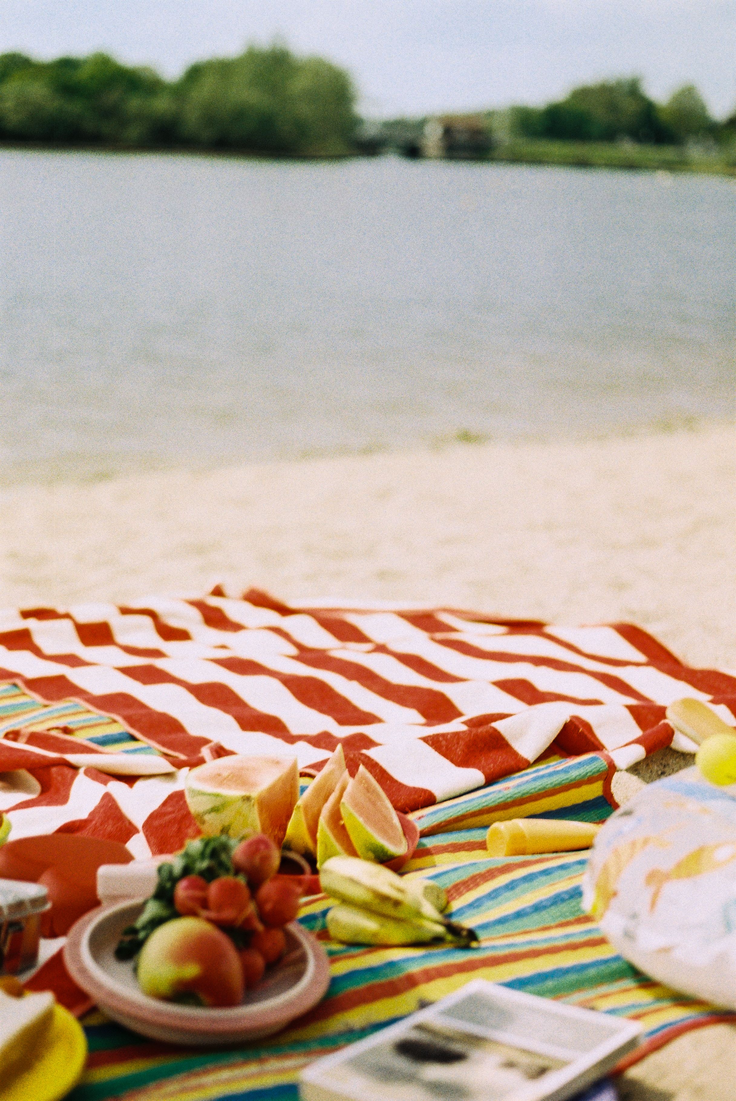 Picknickdecke mit Obst am Strand der Xantener Südsee.