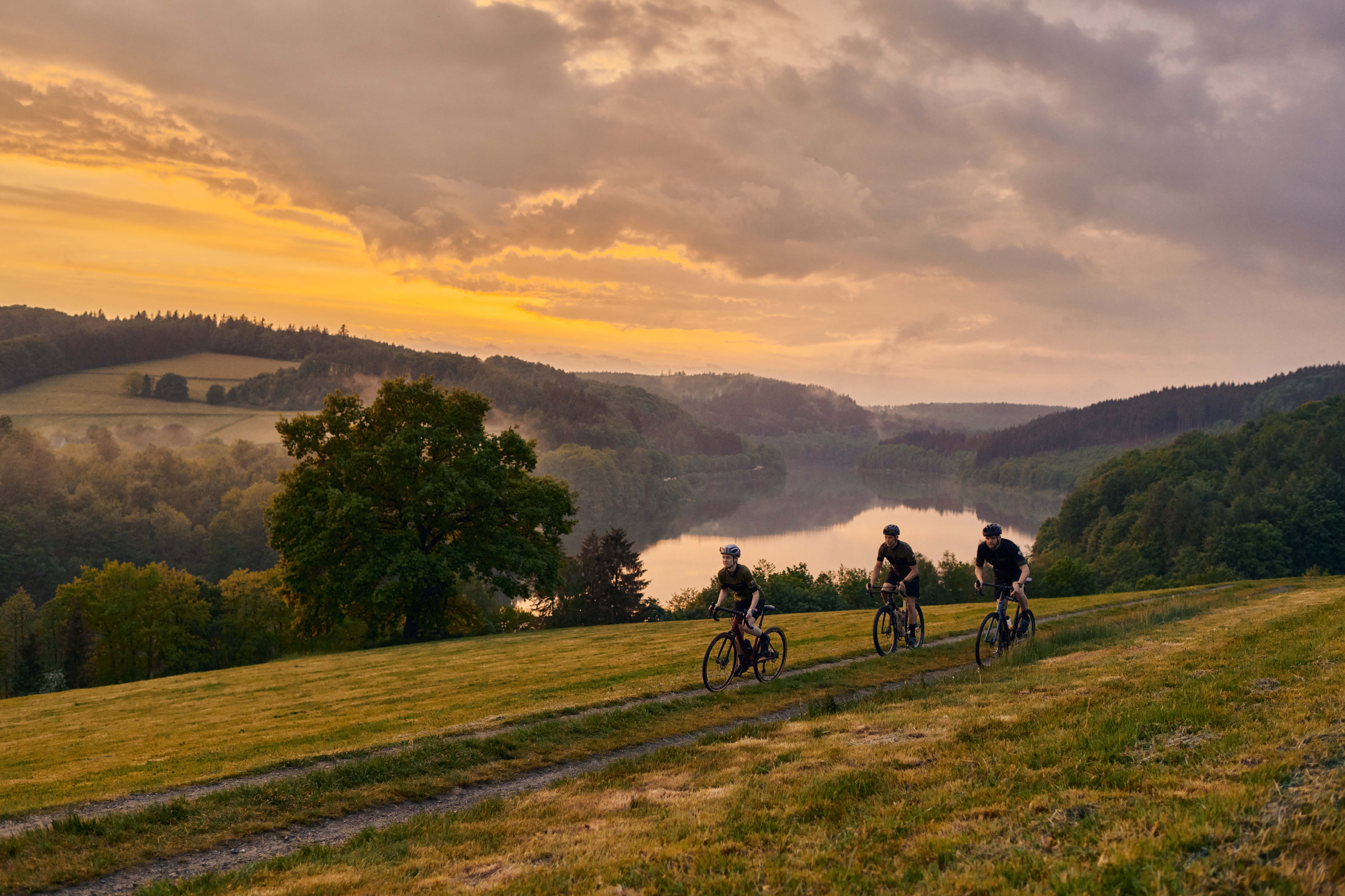 Drei Persinen fahren im Abendlicht mit Gravelbikes durchs Hügellandschaft mit See im Hintergrund