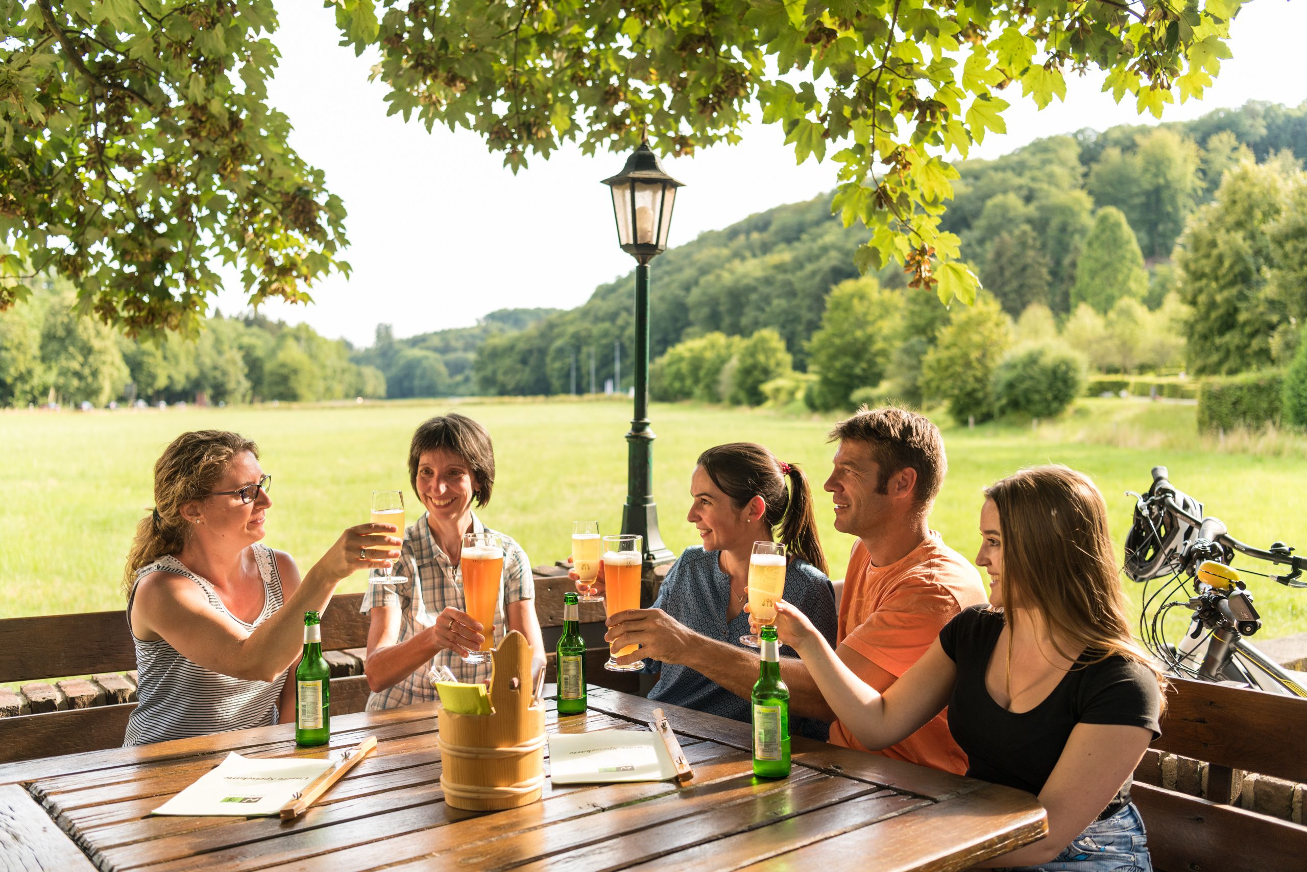 Gruppe von Menschen stößt mit Bier im Biergarten an, im Hintergrund grüne Wiese und Bäume.