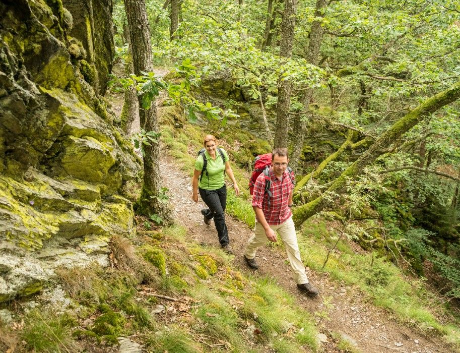 Zwei Wanderer auf einem schmalen Pfad im Wald. Sie tragen Rucksäcke und sind von üppigem Grün umgeben. Der Weg führt an einer Felswand entlang.