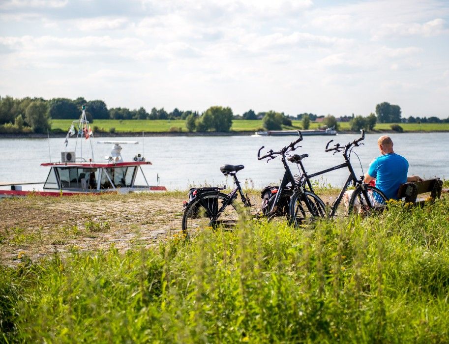 Fahrräder stehen neben einer Bank am Flussufer, während eine Person sitzt und eine Fähre vorbeifährt. Das Rheinpanorama ist wunderbar