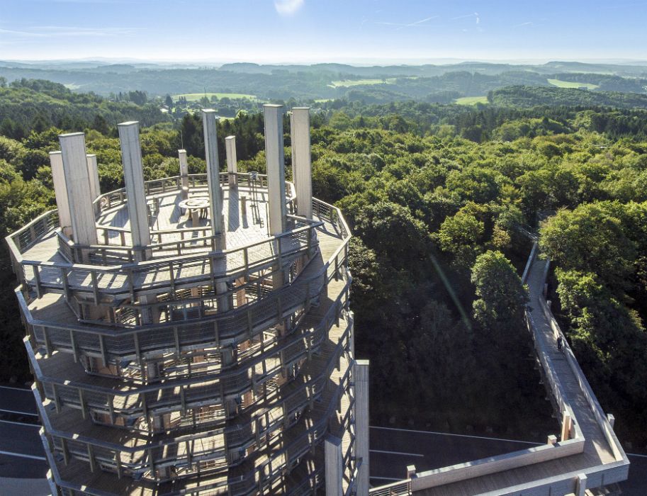 Aussichtsturm im Panarbora Park mit umliegendem Wald und Fernblick.