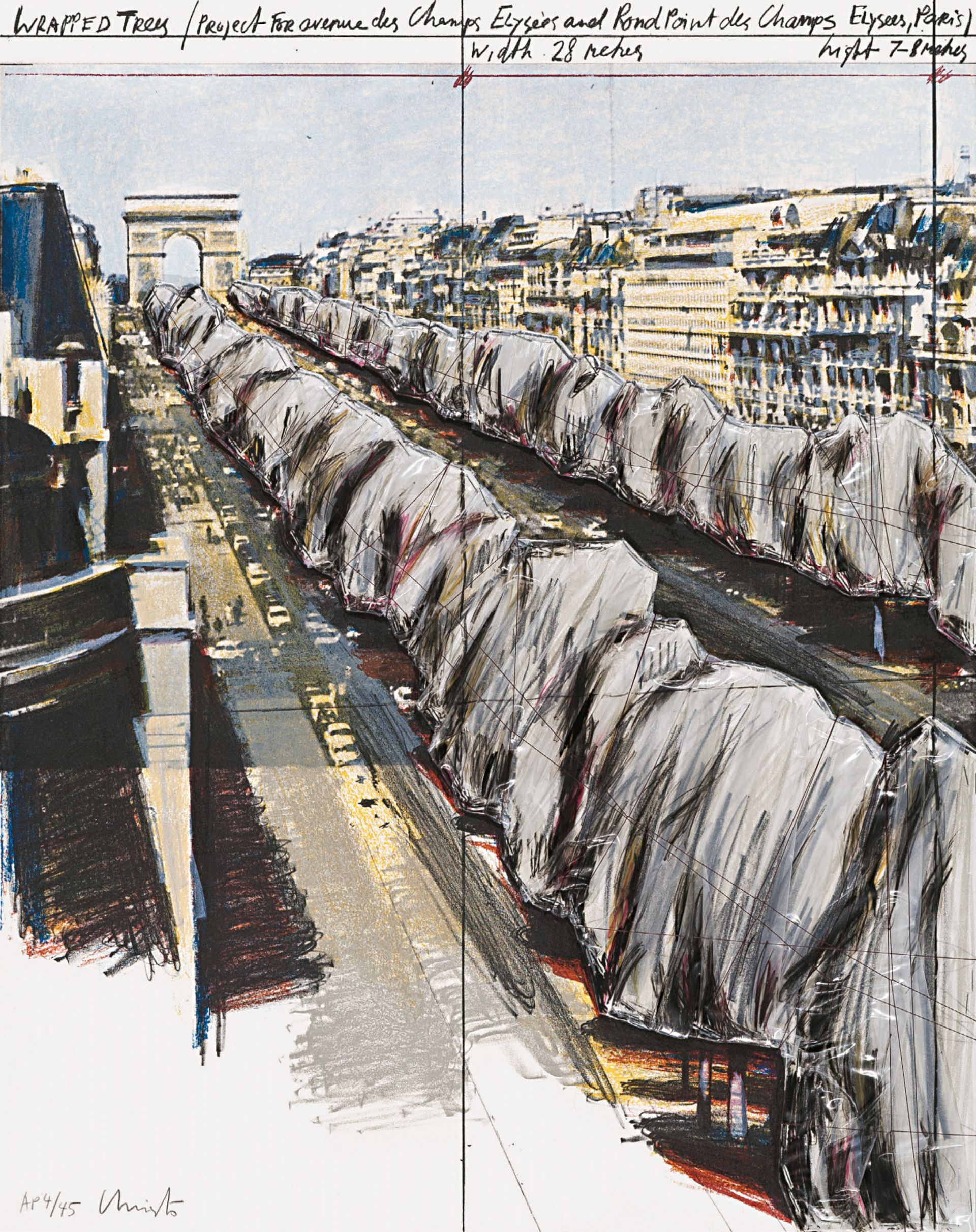 Wrapped Trees (Project for the Avenue des Champs-Elysées, Paris), 1987, Lithografie mit Collage aus Polyethylenfolie, Bindfaden und Heftklammern, überarbeitet mit Wachsstift, Christo and Jeanne-Claude Foundation, New York