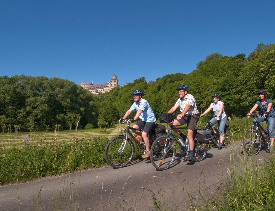 Gruppe von Fahrradfahrern auf einem Weg in einer grünen Landschaft mit einem Schloss im Hintergrund.