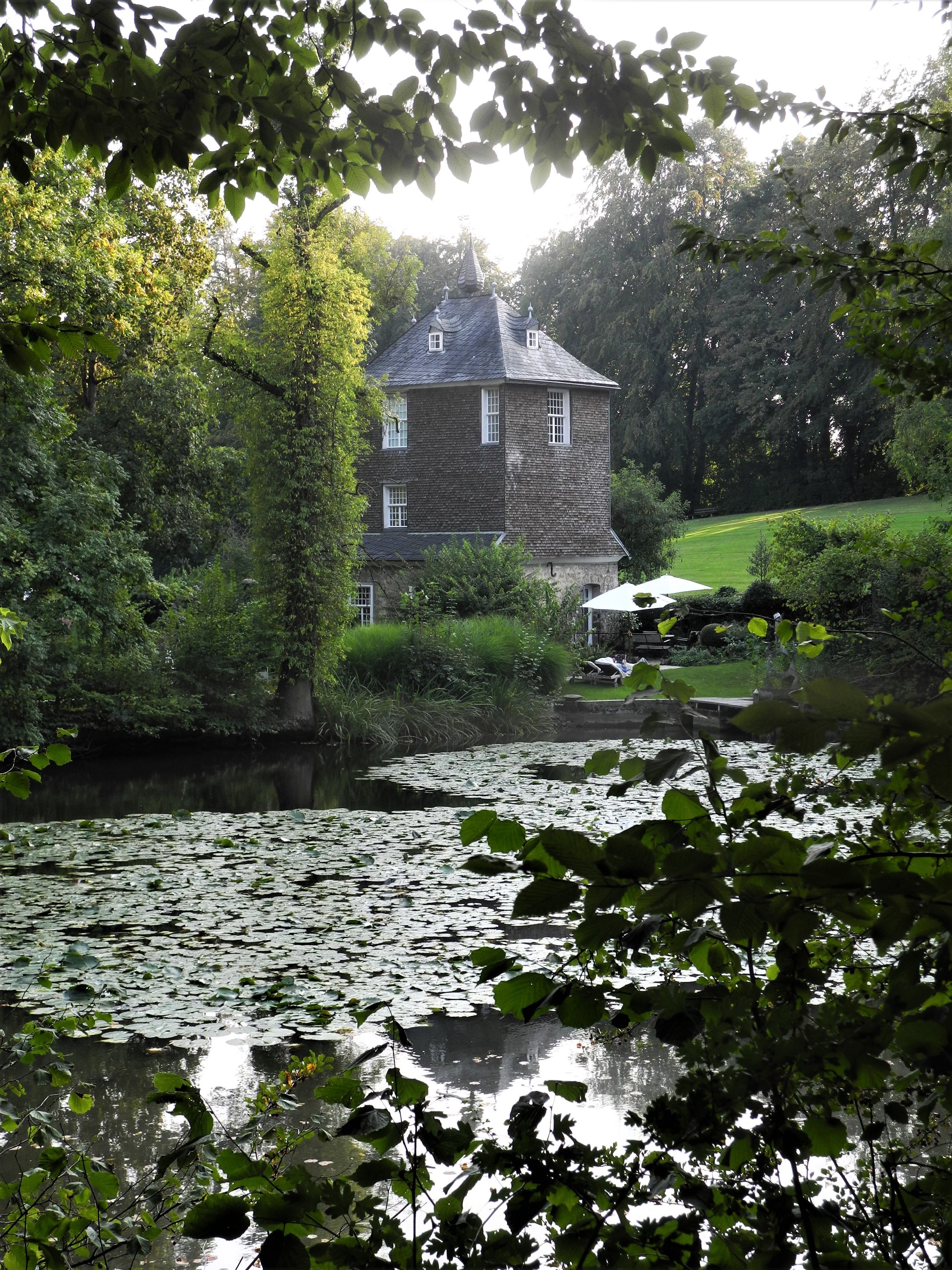 Wunderschöne Natur umgibt Schloss Lüntenbeck. Vom Schlossweiher ist der Mühlenturm auszumachen