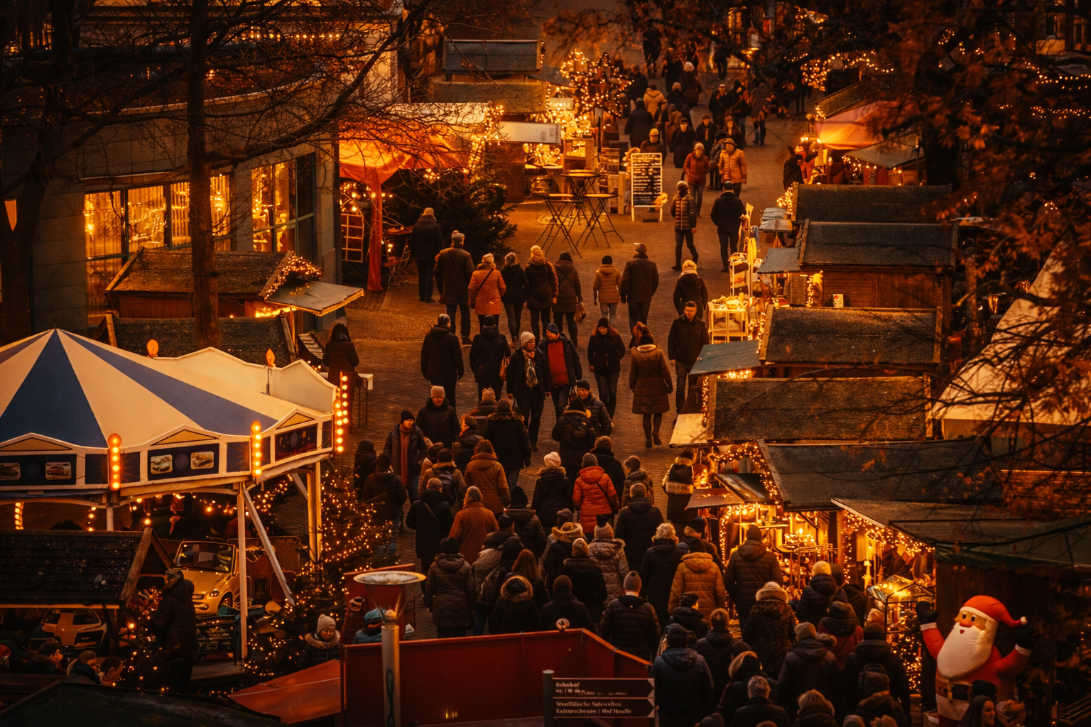 Der Weihnachtsmarkt in Bad Sassendorf ist gut besucht. Menschen schlendern zwischen festlich beleuchteten Ständen und einem Karussell hindurch.
