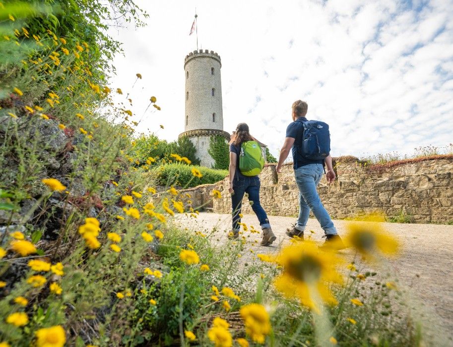 Zwei Wanderer mit Rucksäcken gehen einen Weg zur Sparrenburg in Bielefeld entlang, umgeben von gelben Blumen und blauem Himmel.