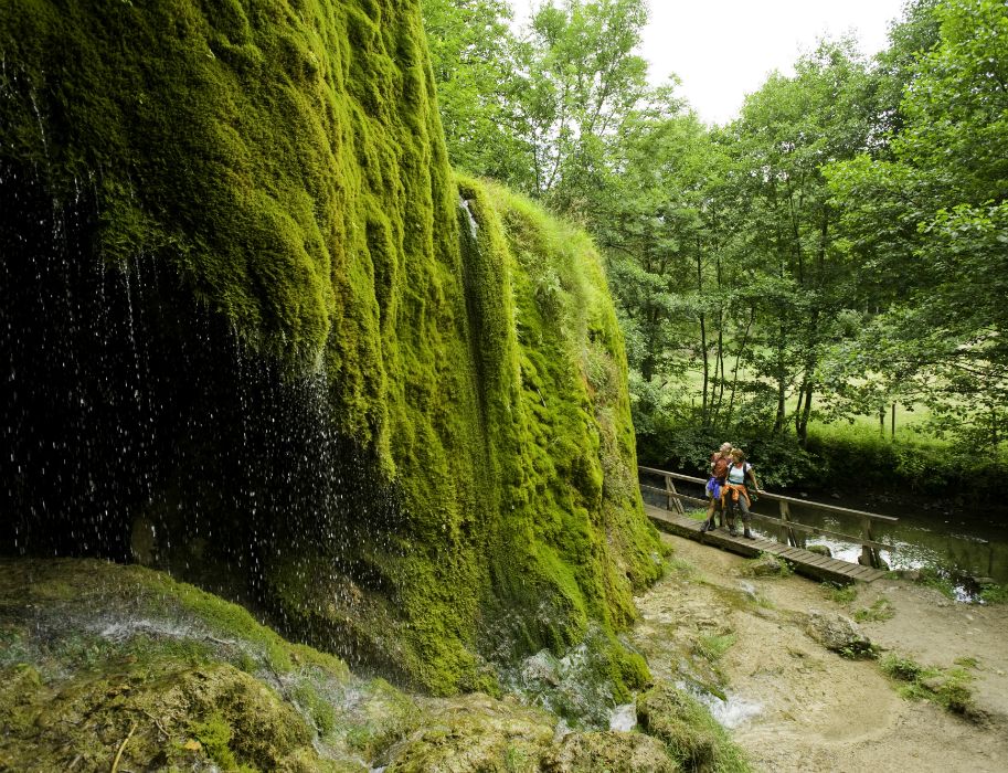 Der moosbedeckter Nohner Wasserfall mit zwei Personen auf einem Holzsteg im Wald.