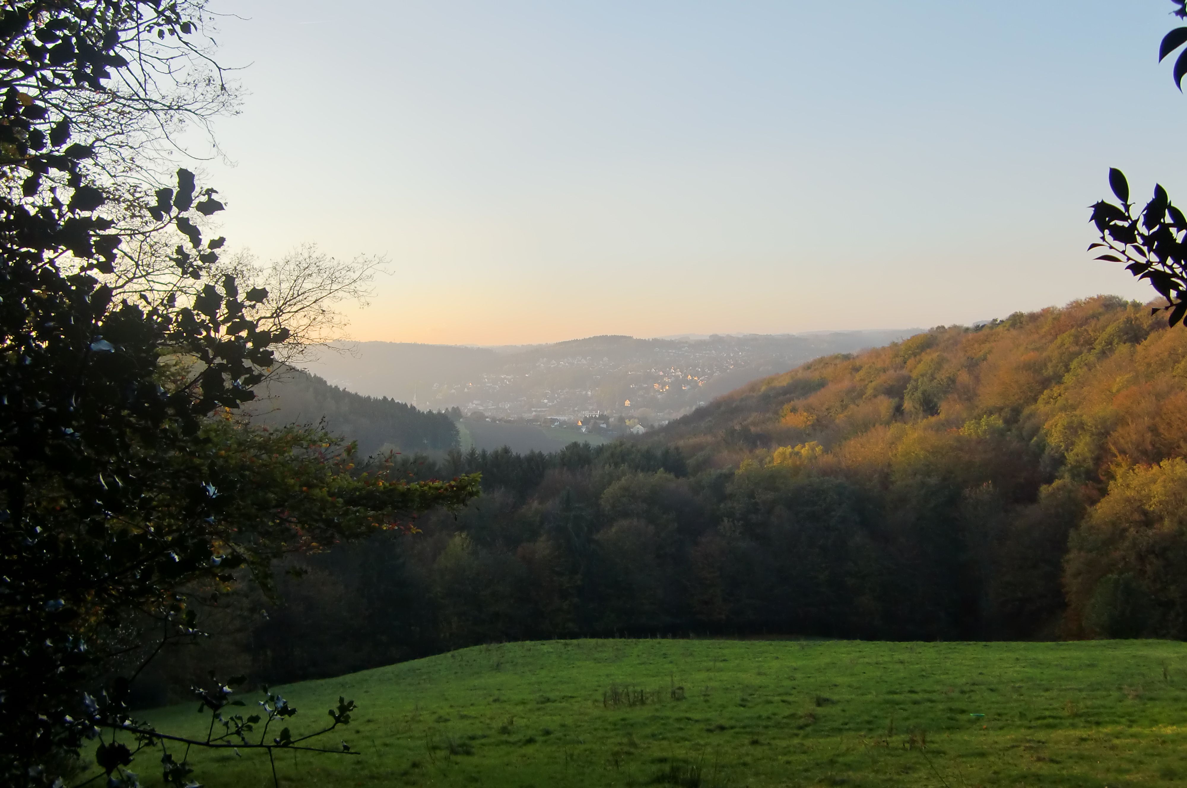 Herbstliche Landschaft mit Hügeln und Wäldern im Bergischen Land.