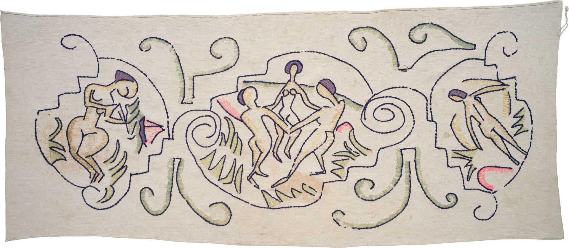 Erna Schilling, Tischdecke, 1914/15, nach einem Entwurf von Ernst Ludwig Kirchner, Stickerei in Wollfäden auf Leinen
