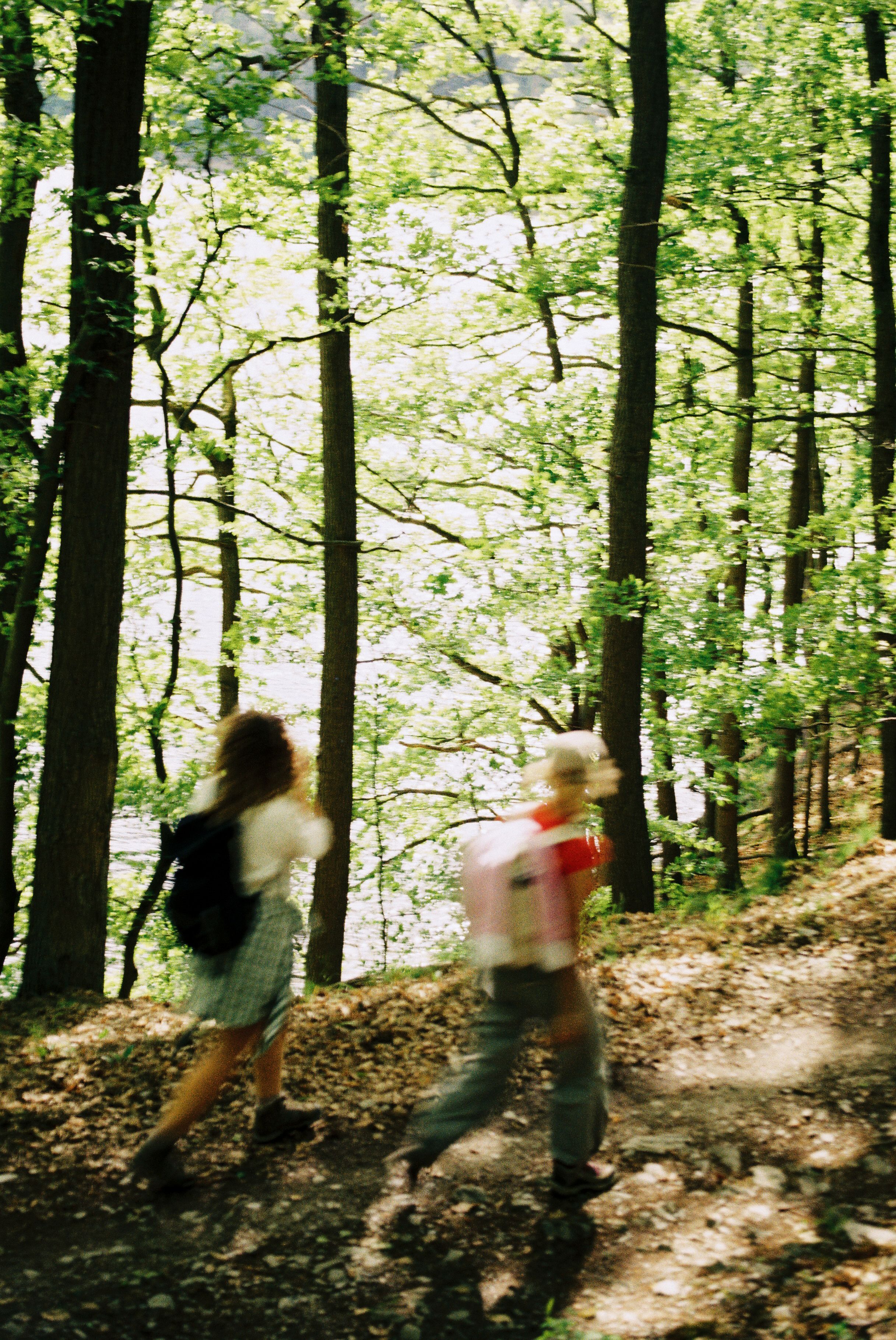 Molle&Korn, Henri Schade, Zwei Frauen auf einem schattigen Waldpfad in der Eifel.