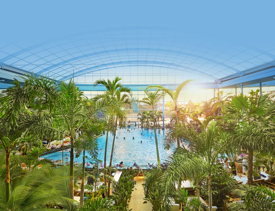 Ein Palmenparadies mit großem Pool unter einer gläsernen Kuppel ist in Euskirchen wiederzufinden.