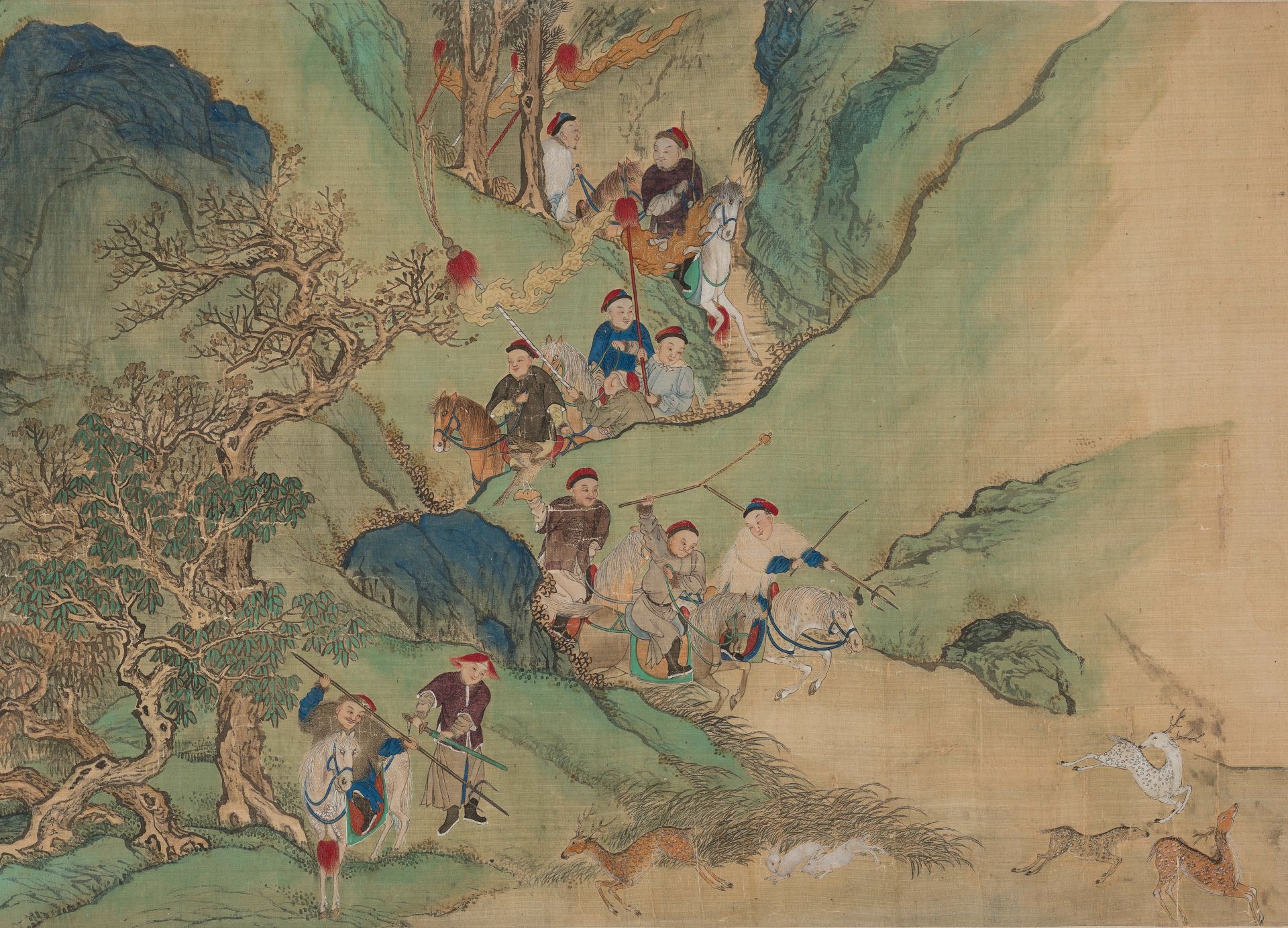 Herbstliche Treibjagd, Anonyme Hofmaler, im Stil von Qiu Ying (1494–1552), Detail aus einer Querrolle, Tusche und Farben auf Seide, China, Qing-Dynastie, 18. Jahrhundert