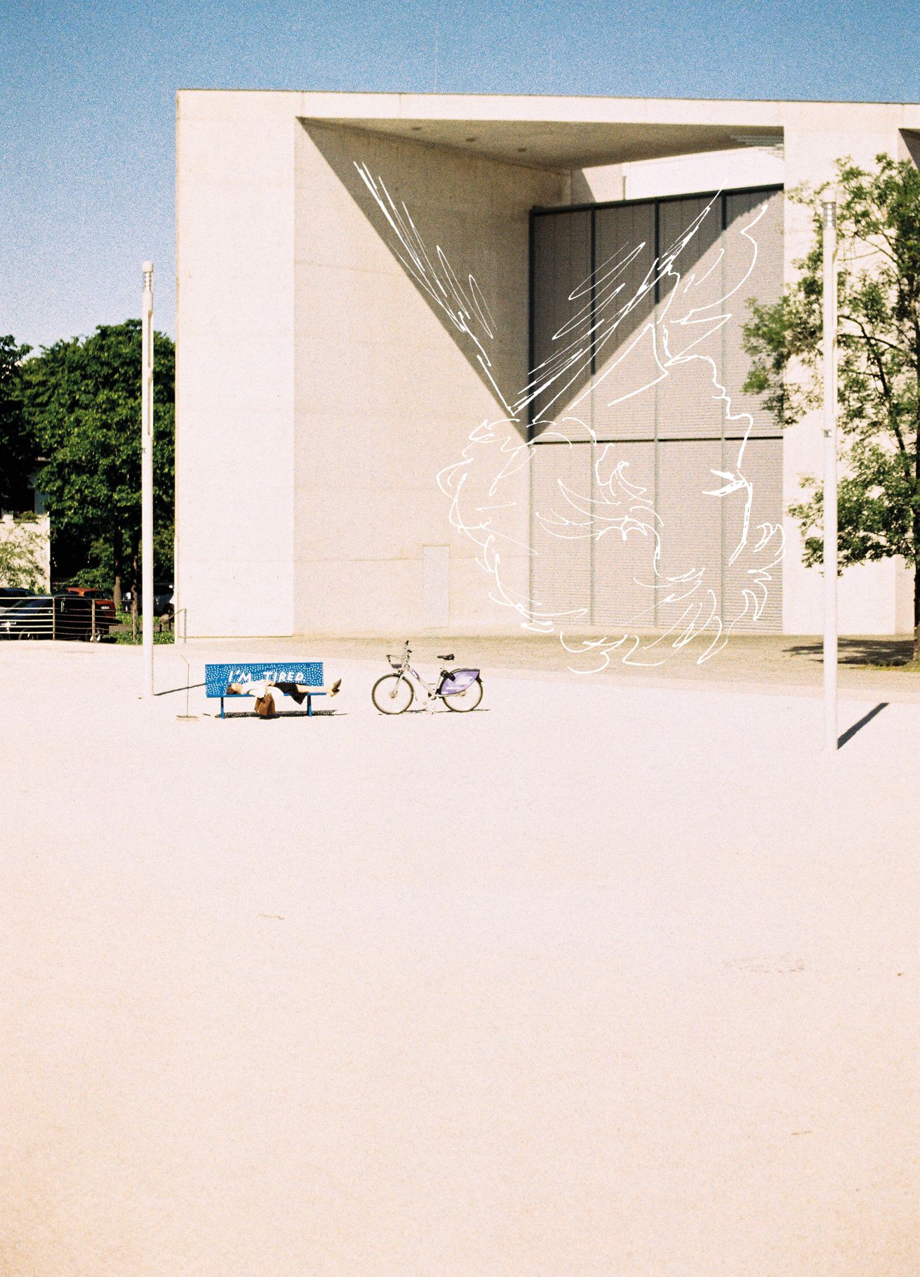 Illustration Bonn Frau auf Bank mit Fahrrad vor Kunstmuseum