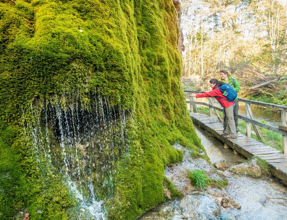 Zwei Personen auf einem Holzsteg neben einem moosbedeckten Wasserfall.