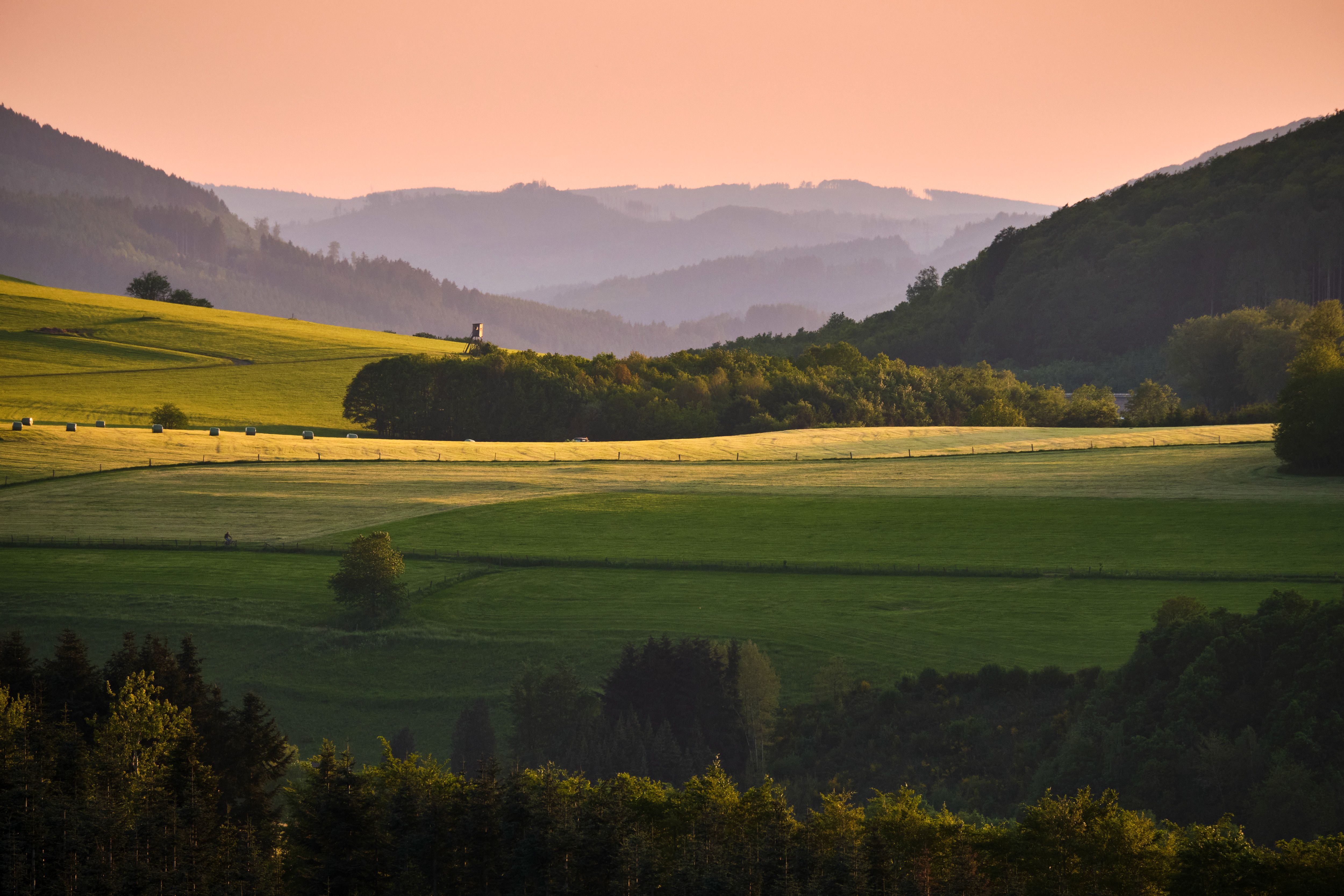 Weite Felder und sanfte Hügel prägen die Landschaft, die sich bis zu den bläulichen Höhenzügen am Horizont erstreckt. Warmes Licht legt sich über Wiesen und Wälder und verleiht der Szenerie eine ruhige, harmonische Stimmung