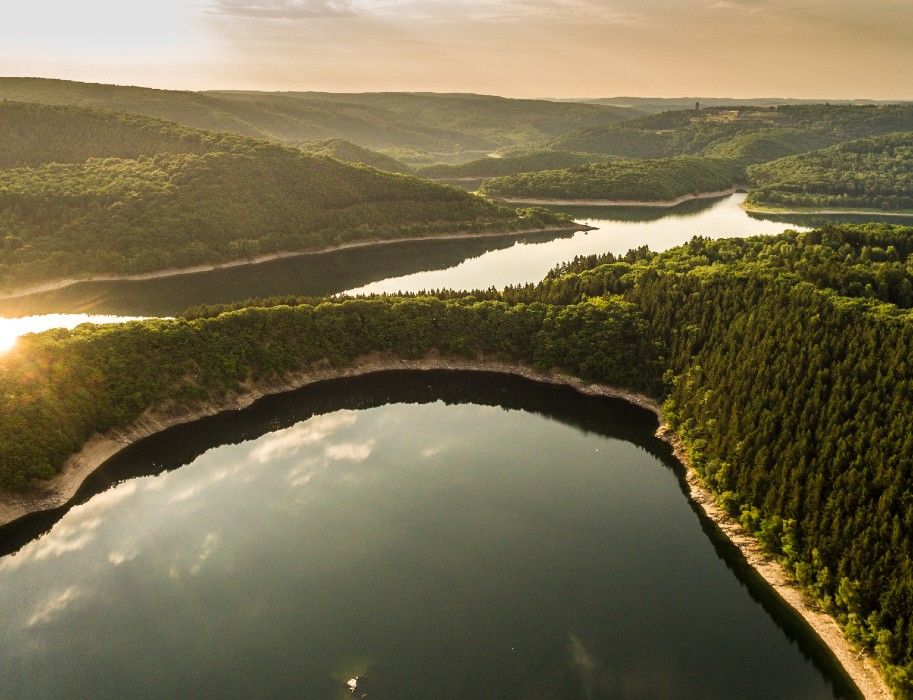 Luftaufnahme der Urfttalsperre in der Eifel. Bewaldete Hügel umgeben das ruhige Wasser des Stausees, Sonnenlicht reflektiert auf der Oberfläche.