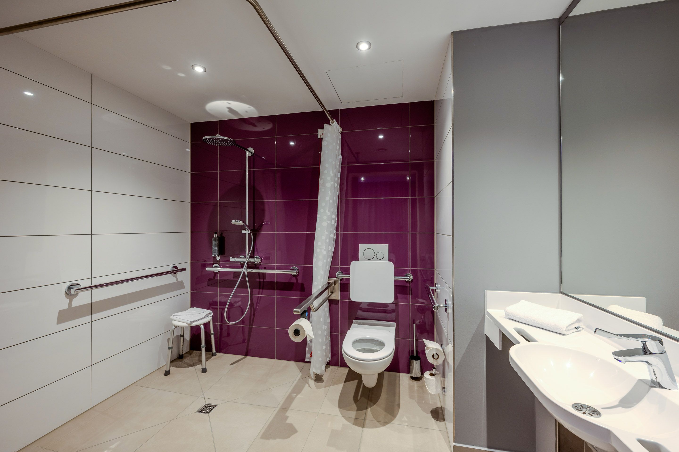 Barrierefreies Badezimmer mit Dusche, Toilette und Waschbecken.