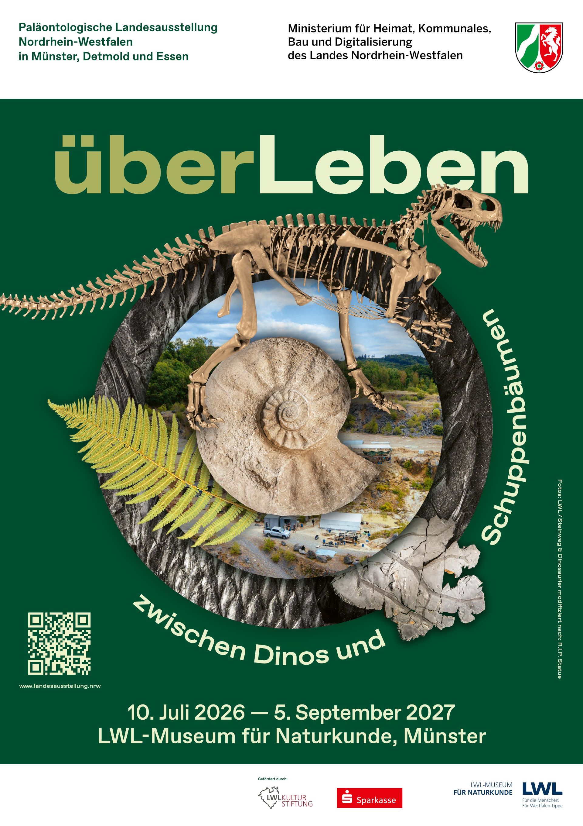 Die Ausstellung "überLeben zwischen Dinos und Schuppenbäumen" im LWL-Museum für Naturkunde in Münster findet vom 10. Juli 2026 bis 5. September 2027 statt
