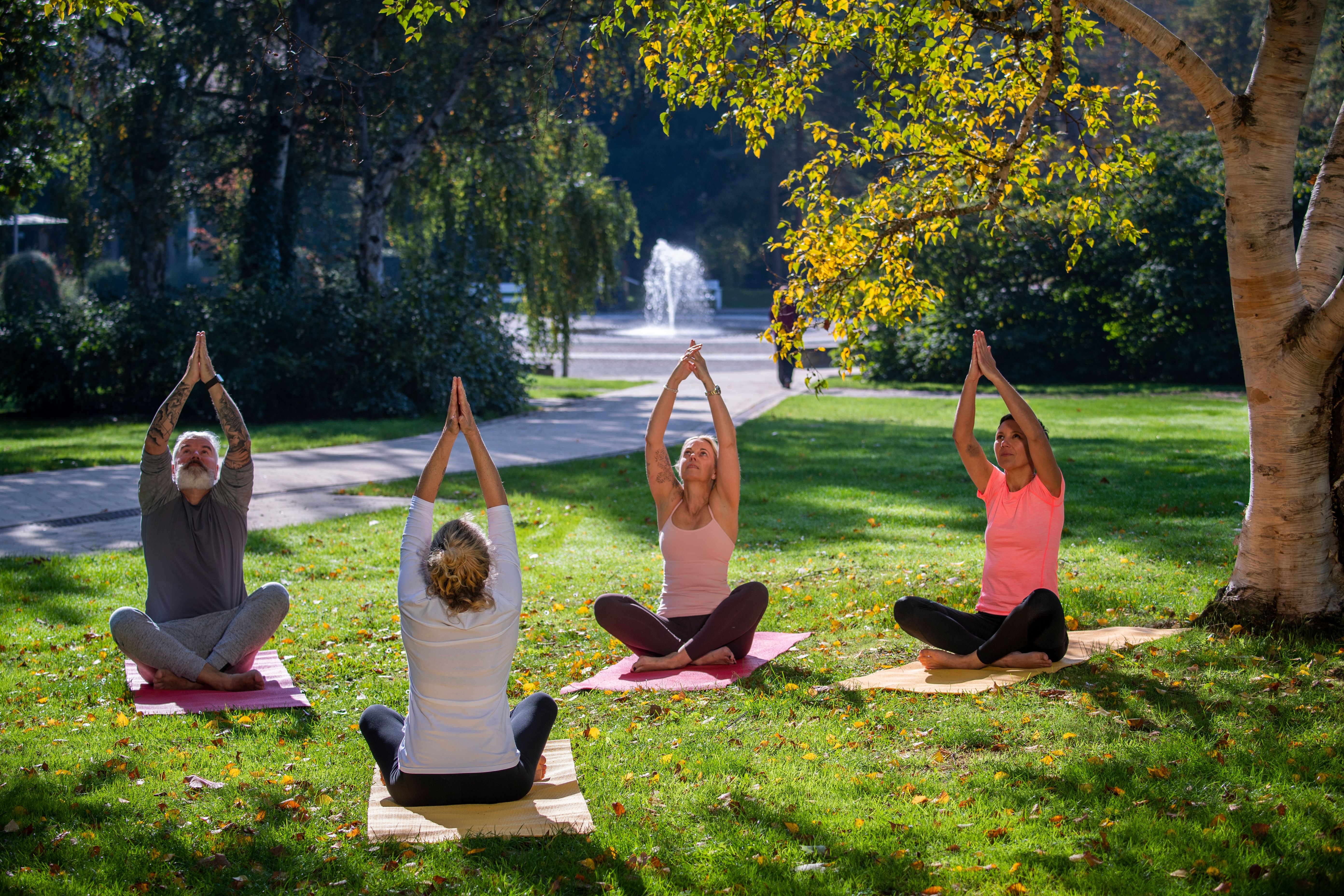 Bei sonnigem Herbstwetter praktizieren vier Menschen Yoga im Kurpark von Bad Sassendorf.