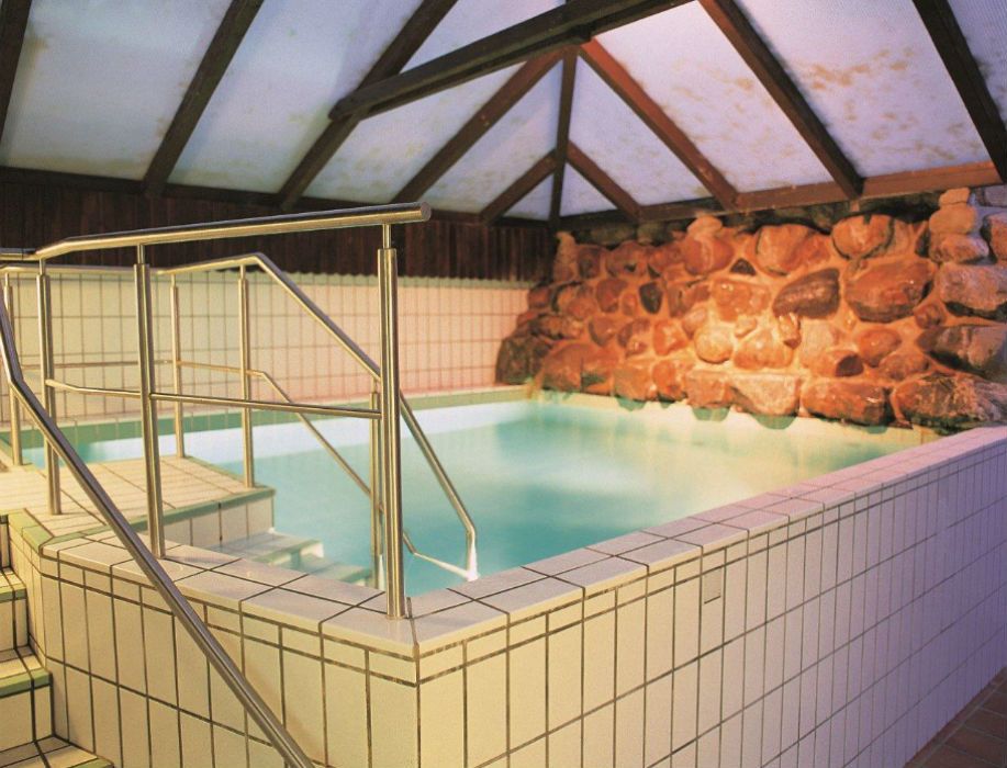 Ein Innenpool mit Fliesen und einer Steinwand, überdacht von einem Holzdach.