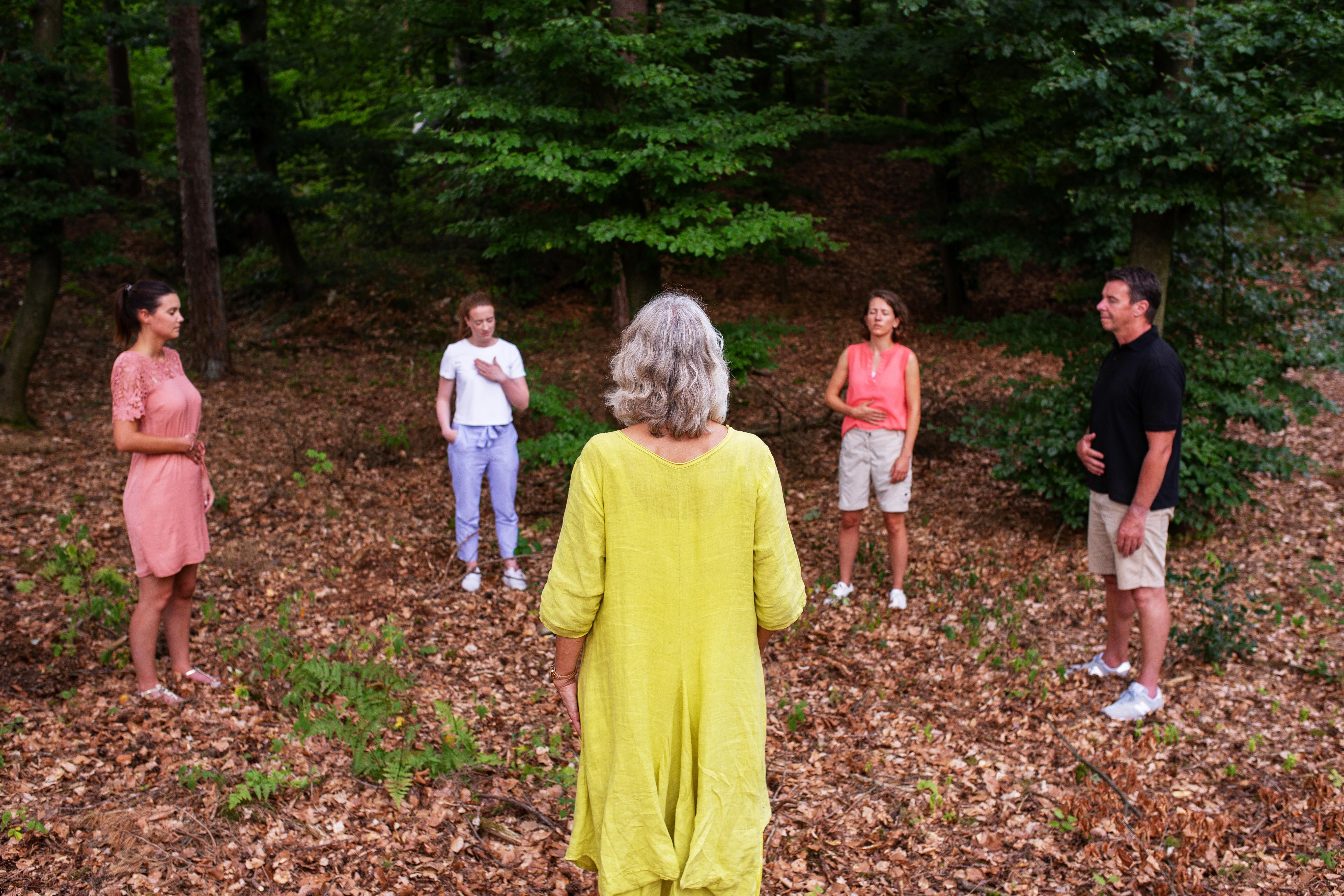 Gruppe von Menschen im Wald, die in einem Kreis stehen und meditieren.