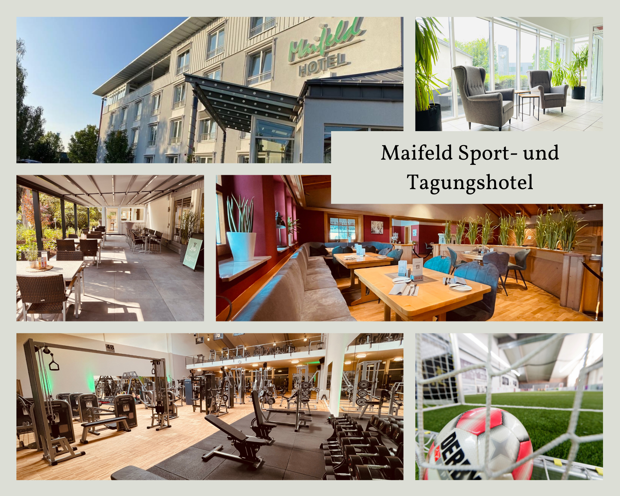 Collage des Maifeld Sport- und Tagungshotels mit Bildern von Außenansicht, Fitnessstudio, Restaurant und Fußballplatz.