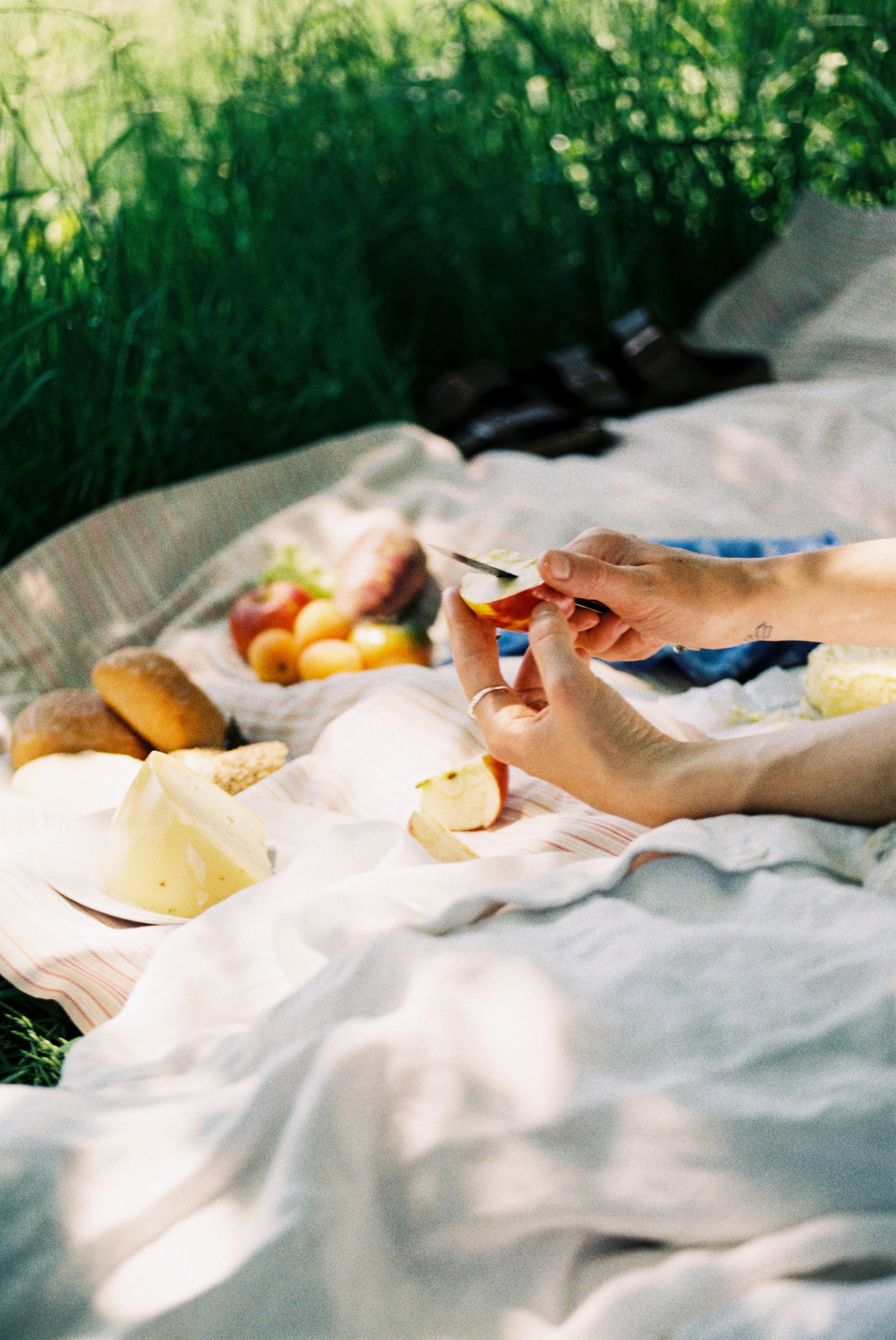 Picknick mit Obst und Gemüse auf einer Wiese im Neandertal