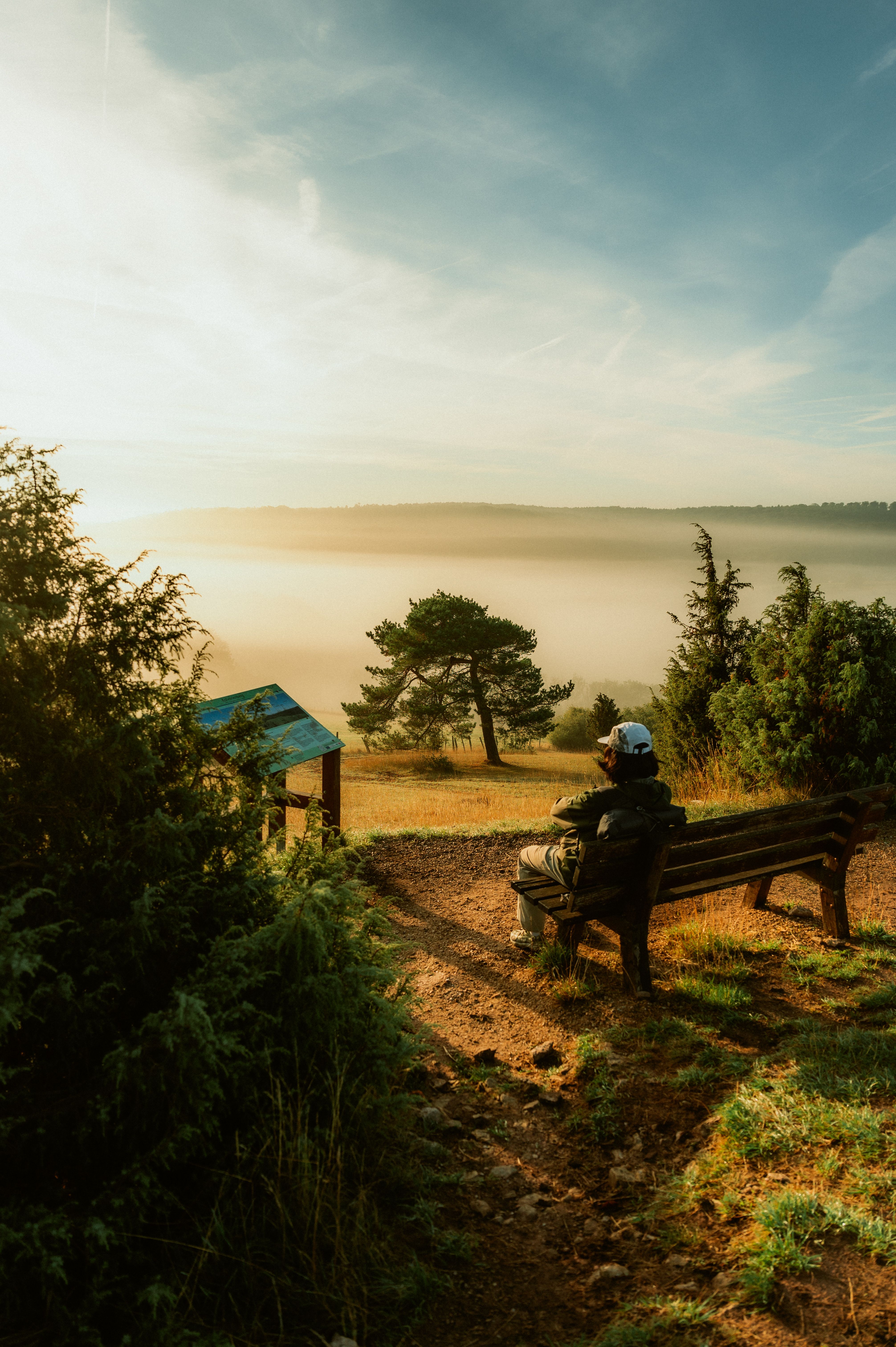 Eine Person sitzt auf einer Bank und genießt den Blick auf eine neblige Landschaft mit Bäumen und Hügeln im Hintergrund.