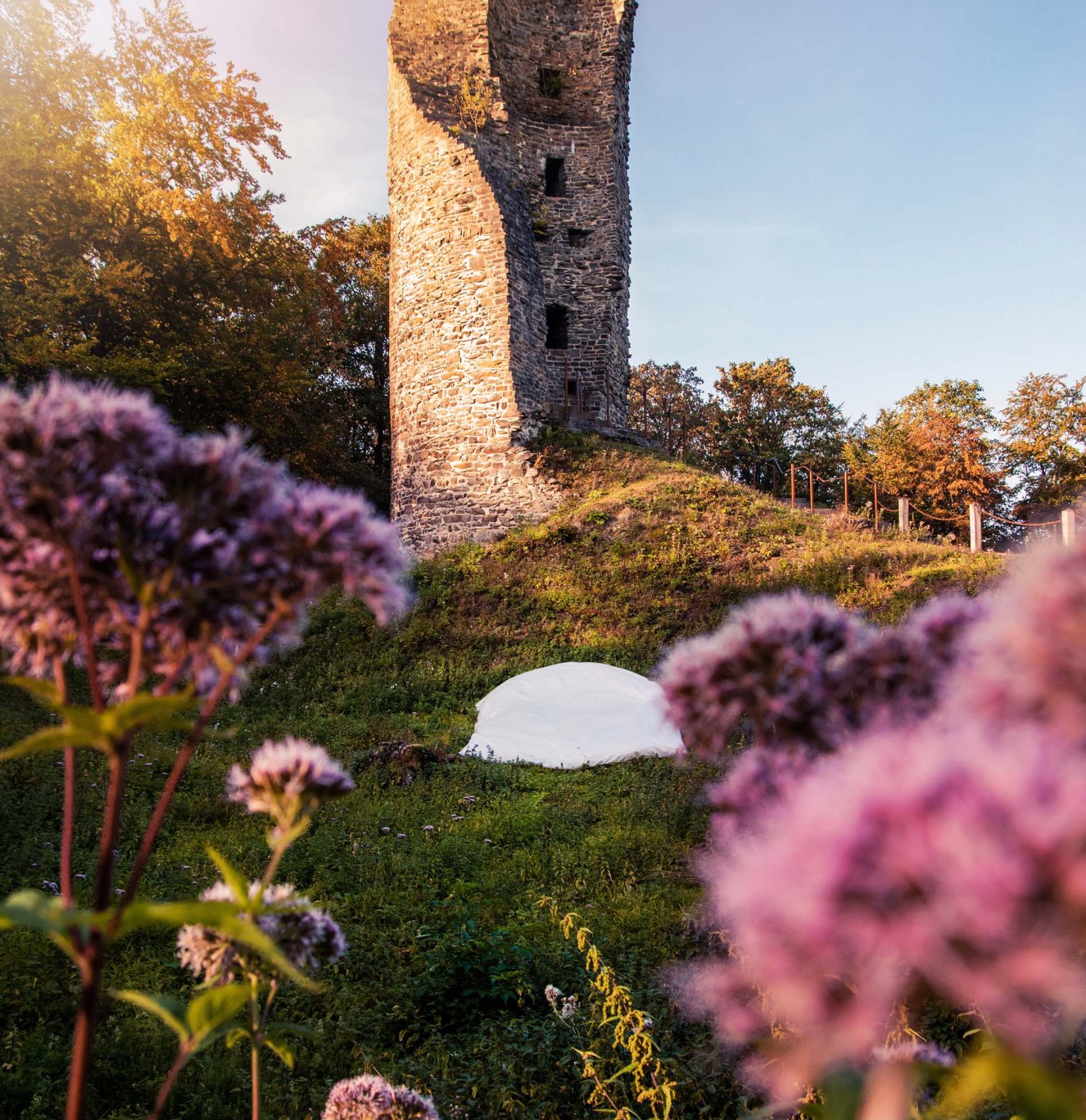Anblick der Burgruine im Sauerland mit Kissen und im Vordergrund sind Blumen, © Tourismus NRW e.V.