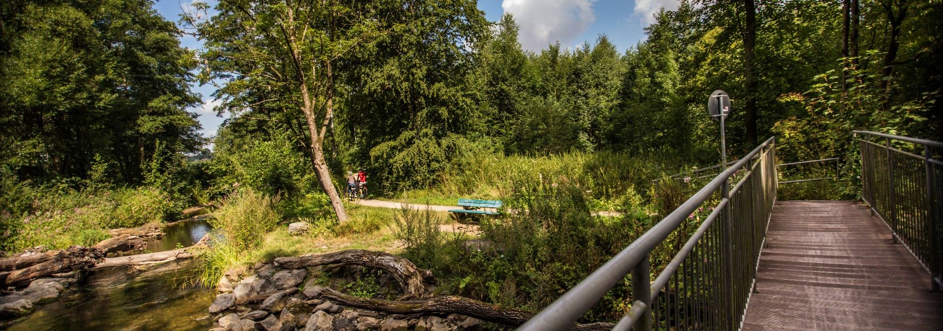 Waldweg mit Brücke und Radfahrern im Hintergrund.