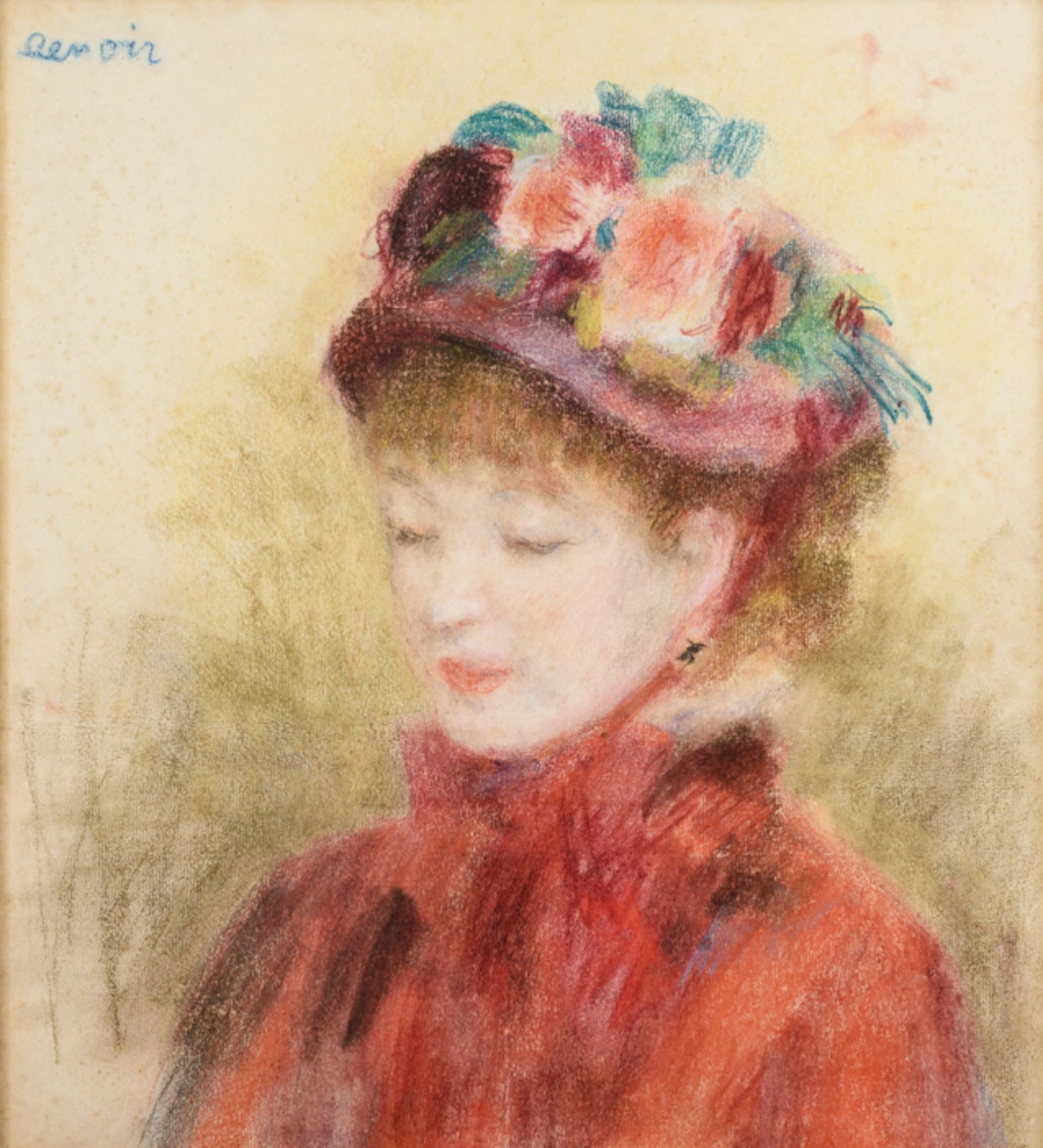 Pierre-Auguste Renoir, Junge Frau mit Blumenhut, 1877-1879, Pastellkreiden auf Papier, 48×43 cm