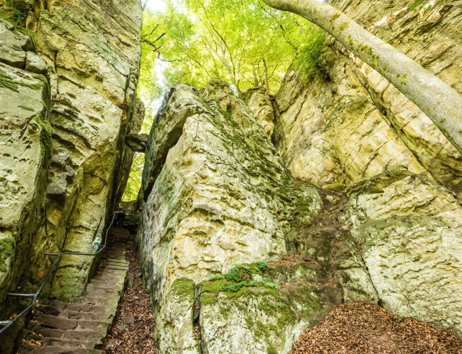 Steintreppe zwischen hohen Felswänden im Wald.