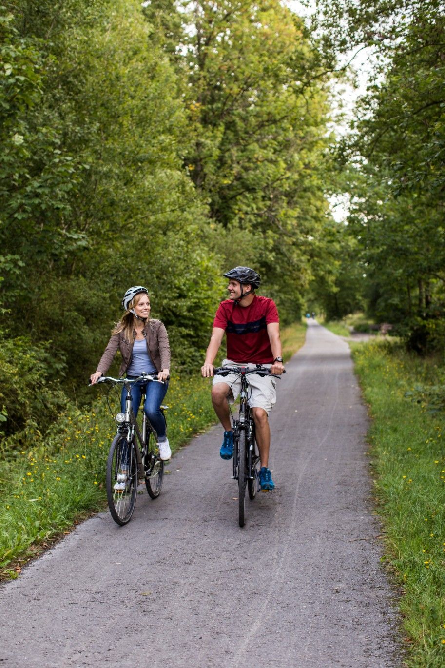 Zwei Personen fahren auf einem Waldweg Fahrrad und entdecken dabei das Gebiet rundum Möhne und Ruhr.