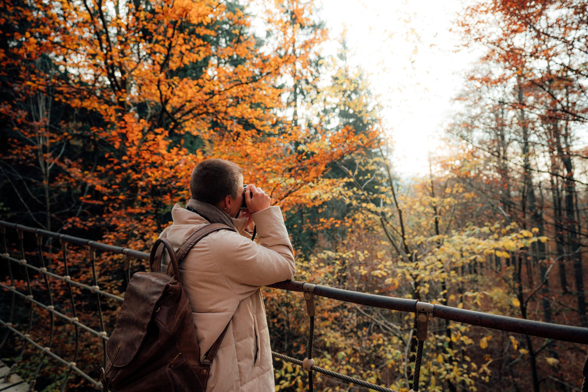 Frau fotografiert Herbstwald auf Hängebrücke Kühhude in Siegen-Wittgenstein