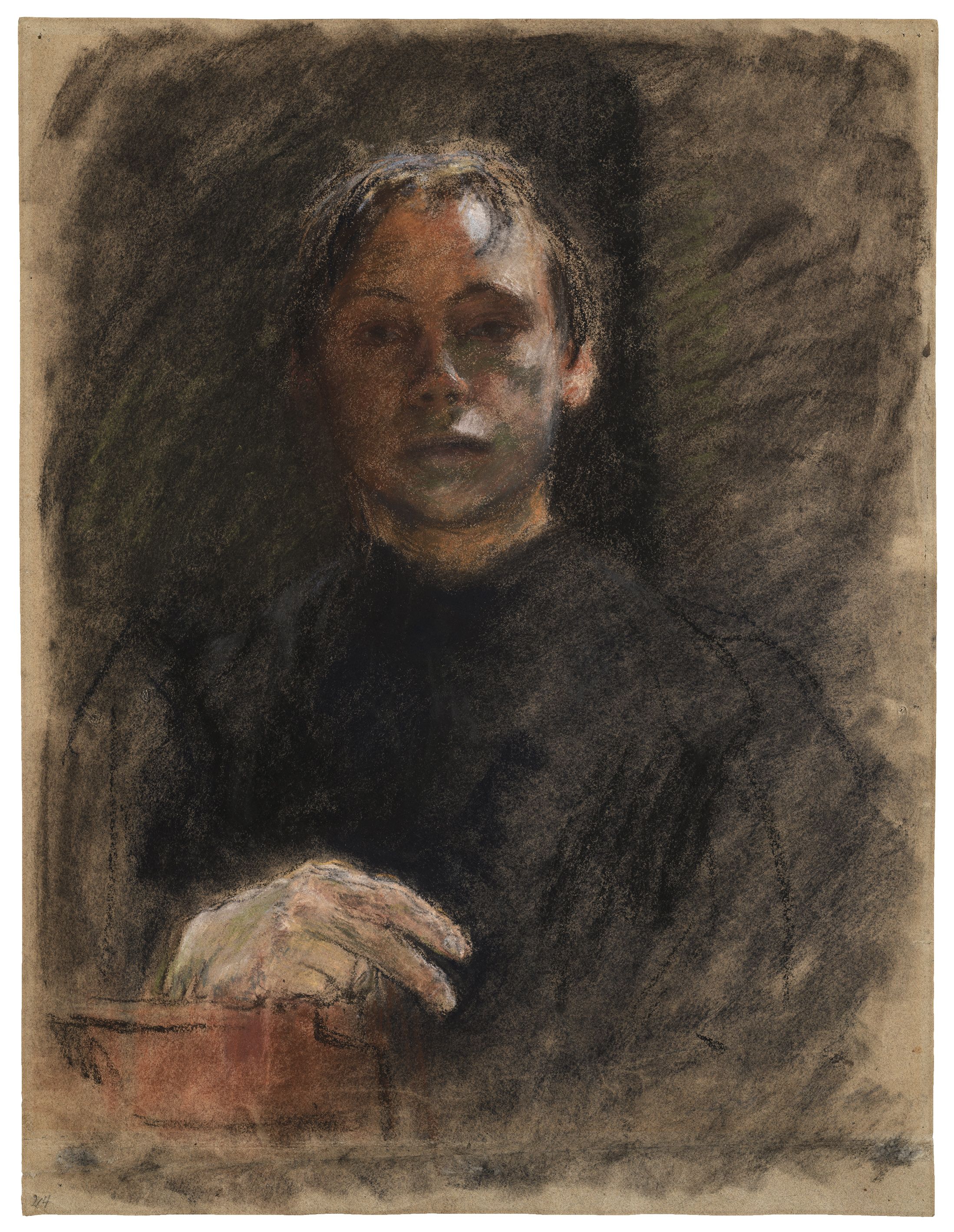 Käthe Kollwitz, 1867–1945, Selbstbildnis en face mit rechter Hand, um 1893/94, farbige Kreide auf olivbraunem Tonpapier, 633 x 488 mm