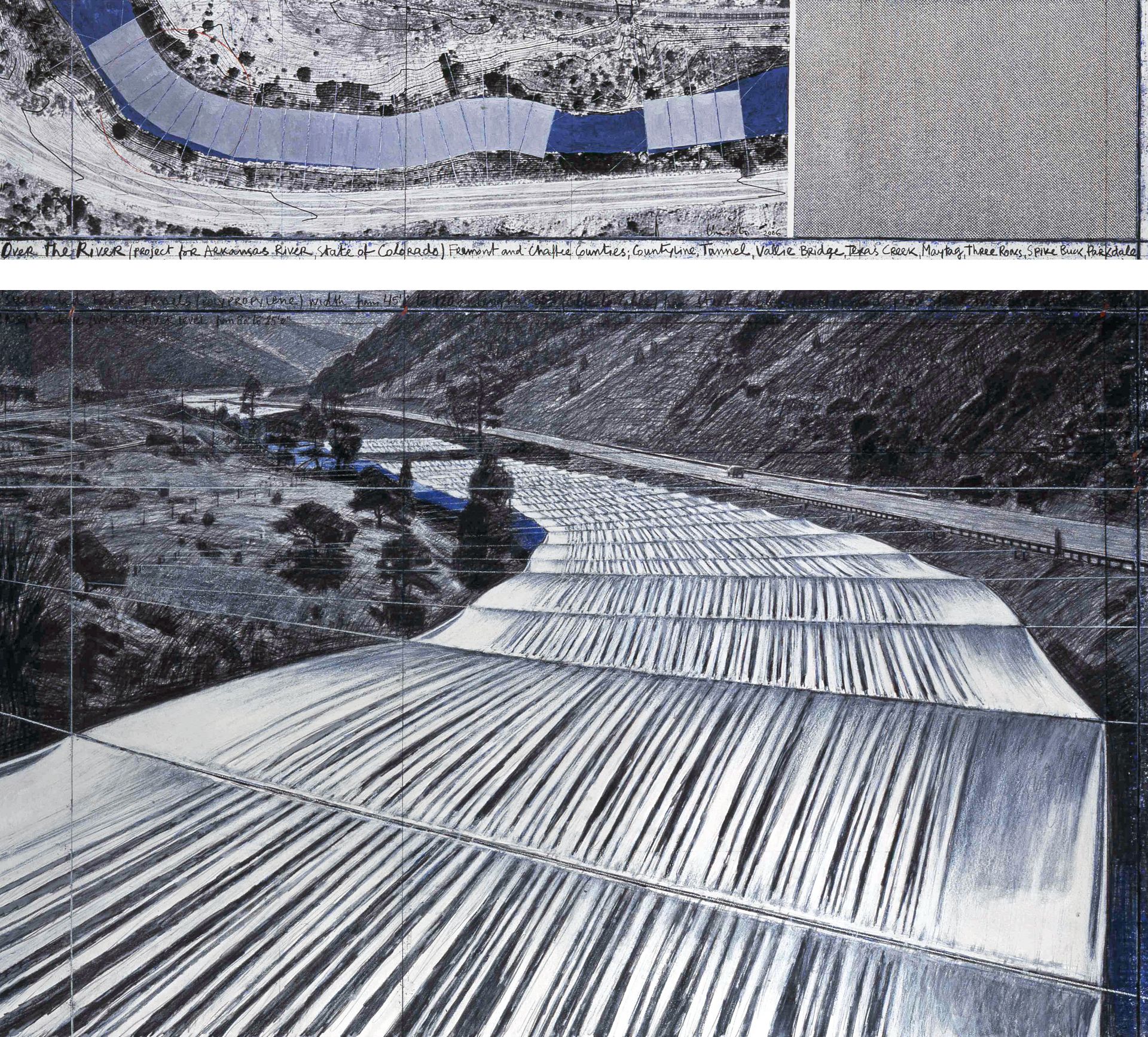 Over the River (Project for Arkansas River, State of Colorado), 2006, Bleistift, Kohle, Pastellkreide, Wachsstift, Emailfarbe, Luftaufnahme mit Höhenlinien und Stoffmuster, Christo and Jeanne-Claude Foundation, New York