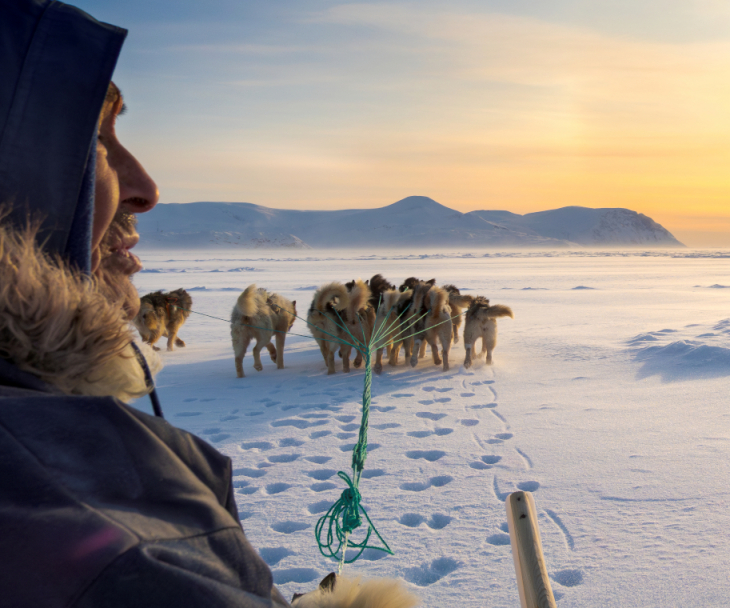 Die Ausstellung gibt Einblicke in eine fremde Kultur: Auf einem Bild ist ein Jaeger mit Hundeschlitten auf dem Eis der Melville Bay bei Kullorsuaq zu sehen, © Martin Zwick