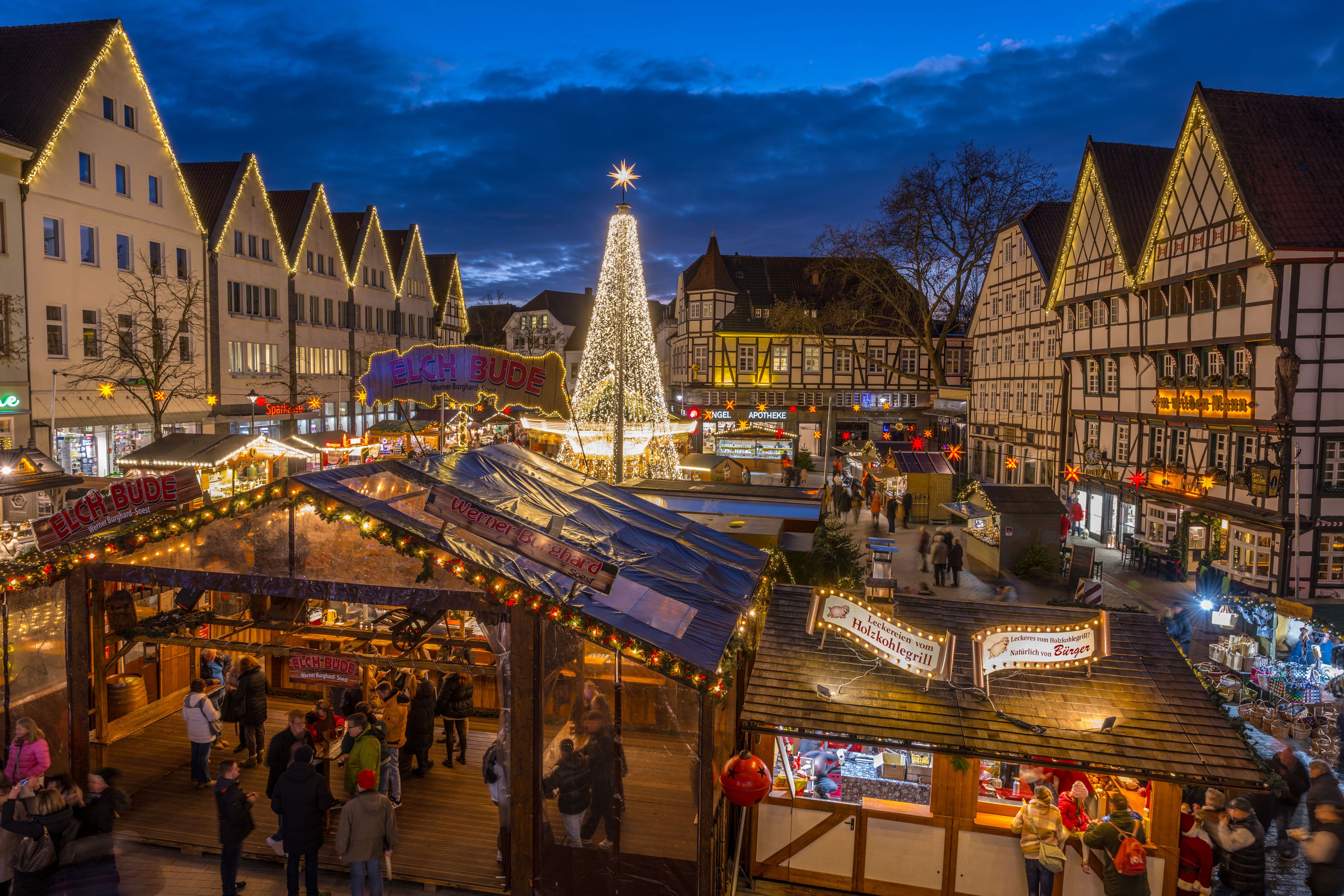 Weihnachtsmarkt in Soest mit festlich beleuchteten Fachwerkhäusern und einem großen Weihnachtsbaum in der Mitte.